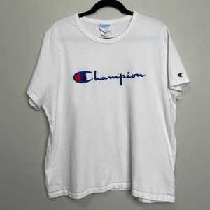 Champion Short Sleeve Crew Neck Embroidered Graphic Logo Tee T-Shirt White XXL